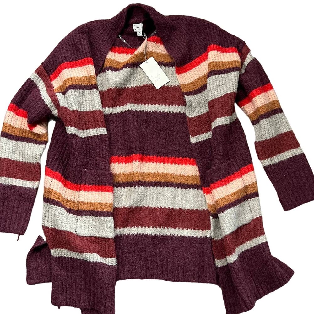 A New Day Women's Burgundy Striped Open-Front Cardigan - Size Medium - NWT